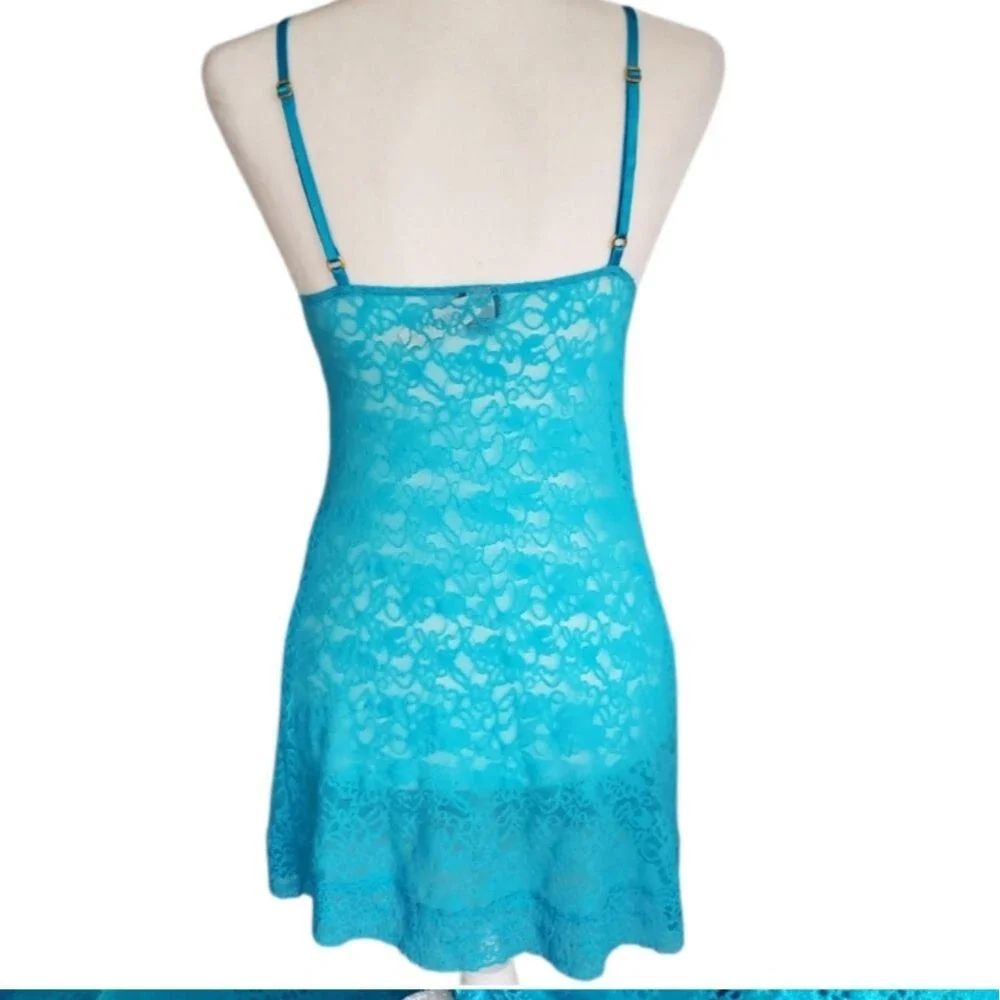 Victoria's Secret Lace Stretchy Mesh Aqua Teal Ocean Blue Slip Dress Small